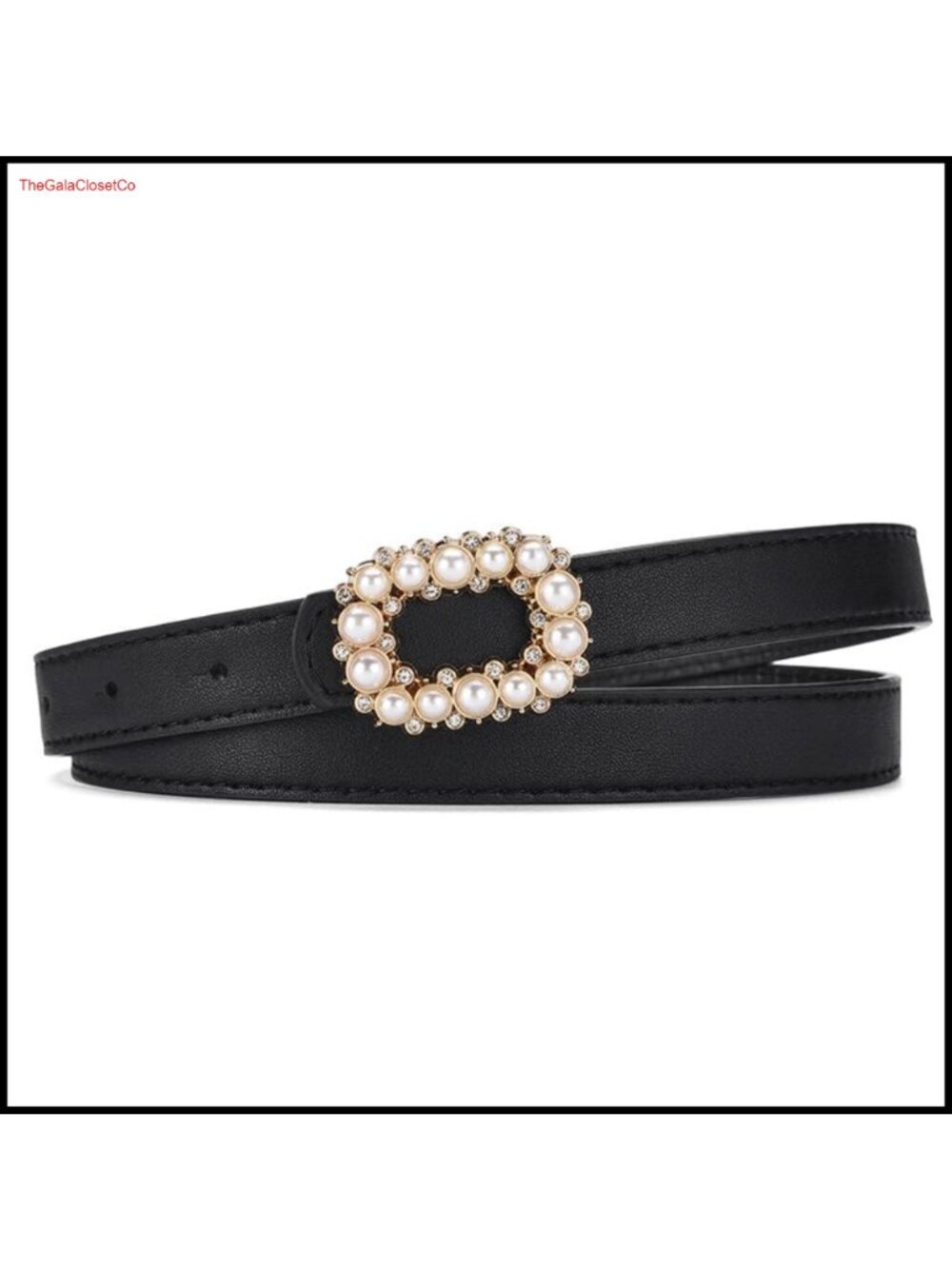 Skinny Leather Belt Pearl Rhinestone Rectangle Buckle Adjustable